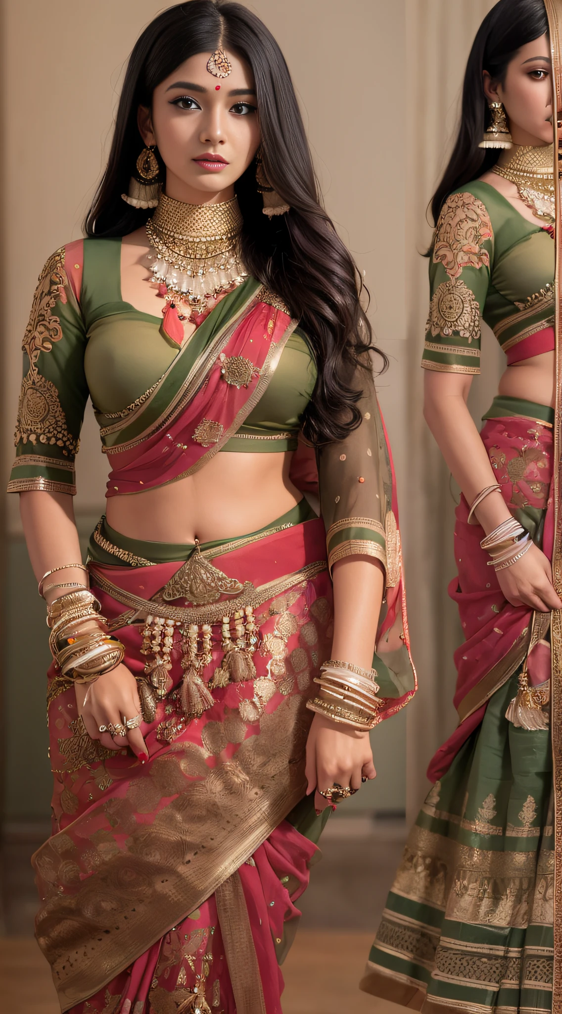 A woman in a sari poses for a photo, indian goddess, Traditional beauty, Indian, Beautiful goddess, Gorgeous Role Play, indian style, indian super model, beautiful teenage girl, Gorgeous woman, south east asian with long, provocative indian, gorgeous beautiful woman, intricate outfits, hindu aesthetic, Beautiful Asian girl, extremely detailed goddess shot, Jaw-dropping beauty, Look at the camera with your face，（Wrap the chest），（The entire chest does not leak），