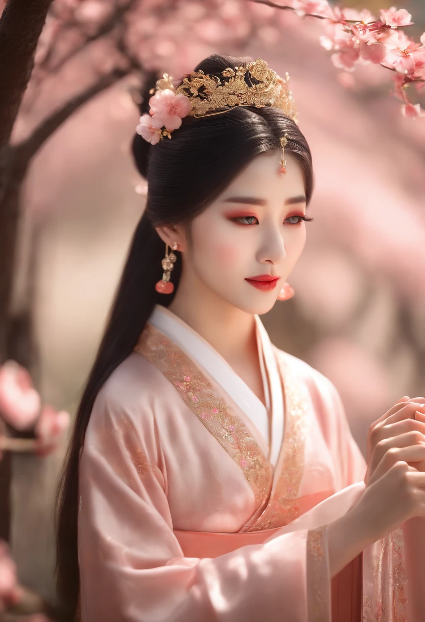 Superb quality, Masterpiece, high resolution, 1girll, Blush, (Charming smile: 0.8), Star eyes, Chinese Hanfu, Hair accessories, jewelry, Beauty, On_Body, Tyndall effect, Realistic, Peach Blossom Forest, light edge, Two-tone lighting, (High detail skin: 1.2), 8K Ultra HD, Digital SLR, Soft light, High quality, Volume lighting, Voyeur, Photo, high resolution, 4K, 8K, Background blur