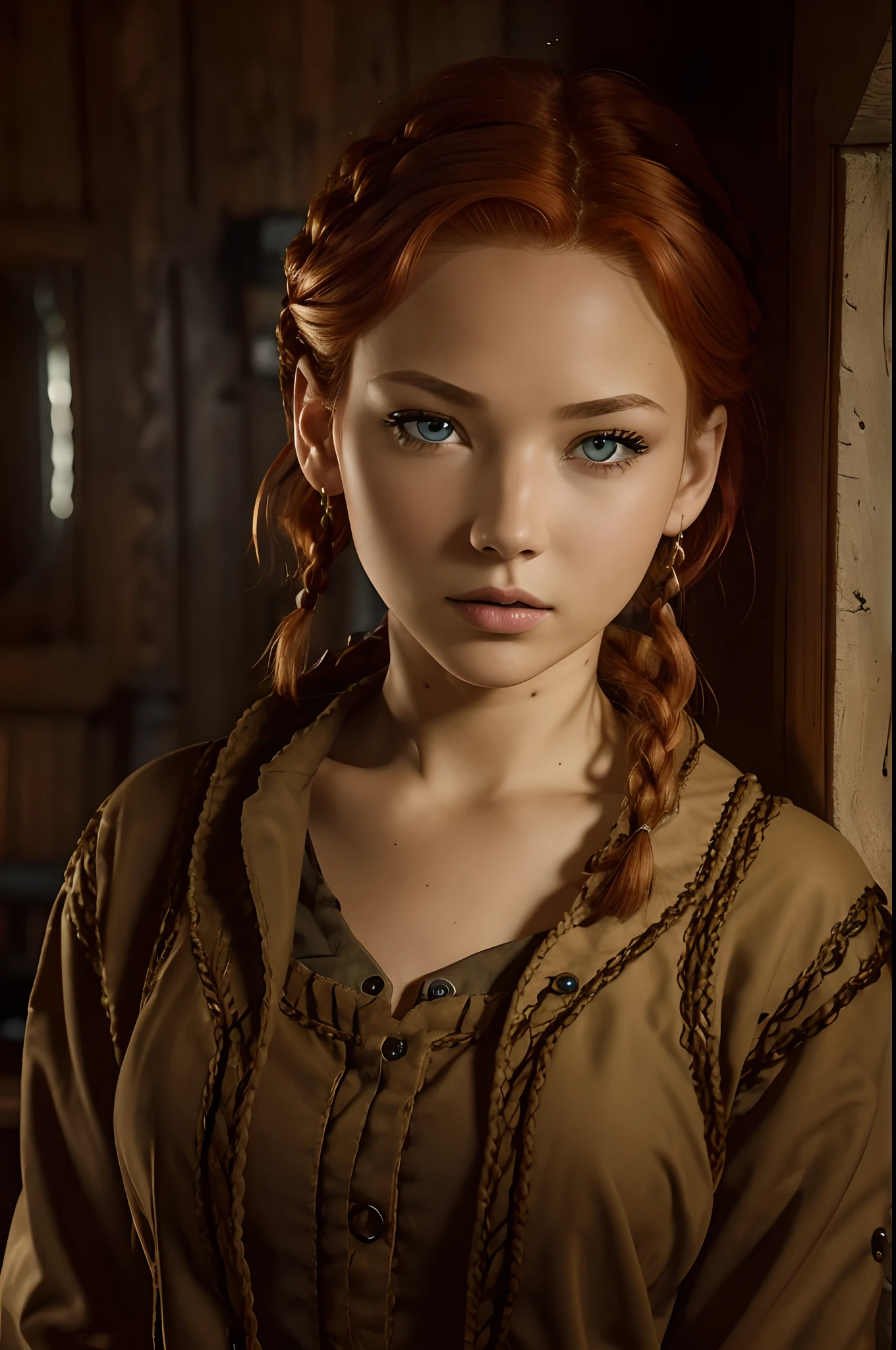 (photo of 18 y.o woman, perfect detailed eyes, short red hair, braid, gaze into the viewer's eyes, cinematic shot, dramatic lighting, hard shadows), oil painting, vivid colors, highres, ultra-detailed, realistic, beauty, confident expression, porcelain-like skin, delicate facial features, exquisite makeup, red lipstick, stylish outfit, trendy accessories, soft background scenery, dynamic pose