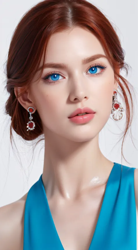 (8k, RAW photo, photorealistic)+ ,( lipgloss, eyelashes, gloss-face, glossy skin, best quality, ultra highres, A princess with bright blue eyes, Red Hair, full body, perfect body, symetrical face, jewellery, locket, earings, intricate details, 4K, 8k, hd