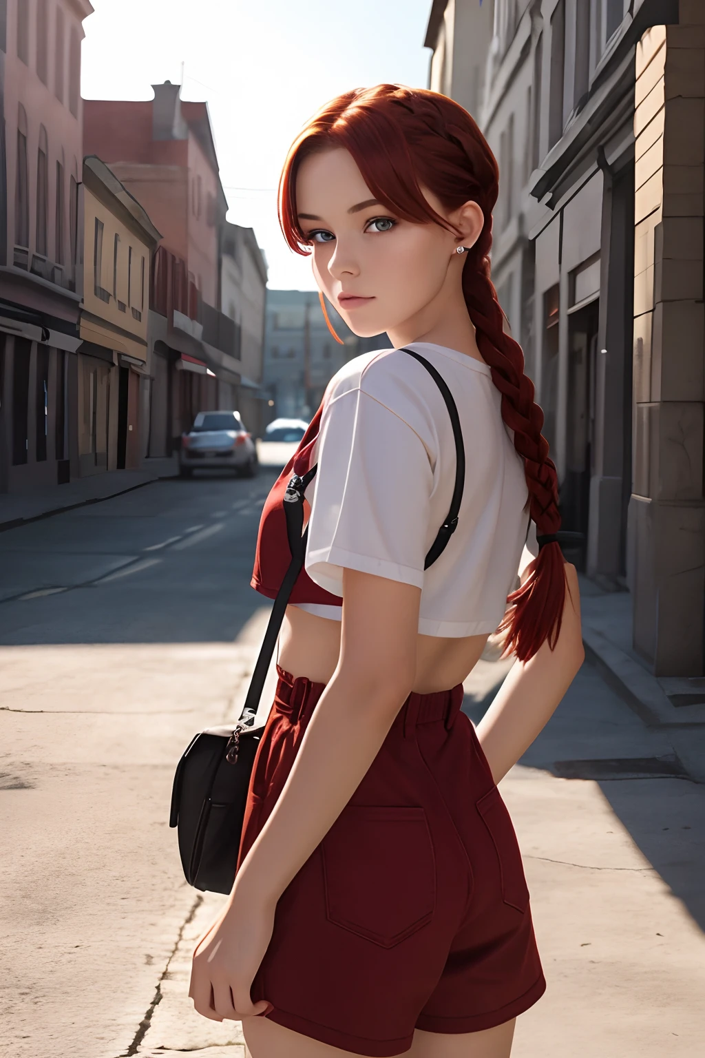 photo of 18 y.o woman, perfect eyes, short red hair, braid, looks at viewer, cinematic shot, hard shadows