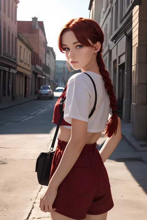 photo of 18 y.o woman, perfect eyes, short red hair, braid, looks at viewer, cinematic shot, hard shadows