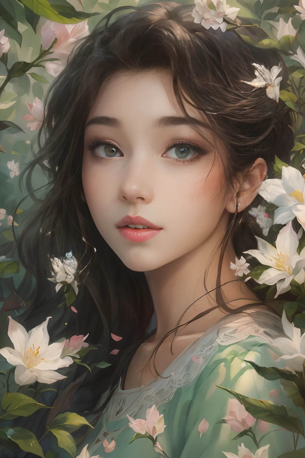 A girl standing in a beautiful garden, Surrounded by vibrant jasmine plants and jasmine petals floating in the air. The scenery is picturesque, A tranquil river flows beside the winding road. The girl has charming and delicate eyes, Long eyelashes enhance her beauty. Her lips are also beautiful, Adds to her elegant appearance。。。。。. The artwork is of the highest quality, The resolution is 8K, Provides ultra-detailed and realistic depictions. The colors are vivid and vibrant, Add depth and life to your images. The overall style of the illustration is reminiscent of a masterpiece, Showcase intricate details and craftsmanship. The lighting in the scene is soft and soft, creating a warm and inviting atmosphere.