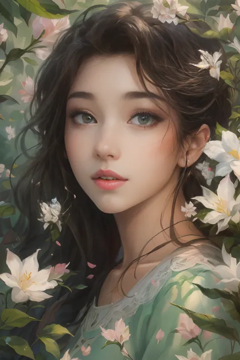 A girl standing in a beautiful garden, Surrounded by vibrant jasmine plants and jasmine petals floating in the air. The scenery is picturesque, A tranquil river flows beside the winding road. The girl has charming and delicate eyes, Long eyelashes enhance ...