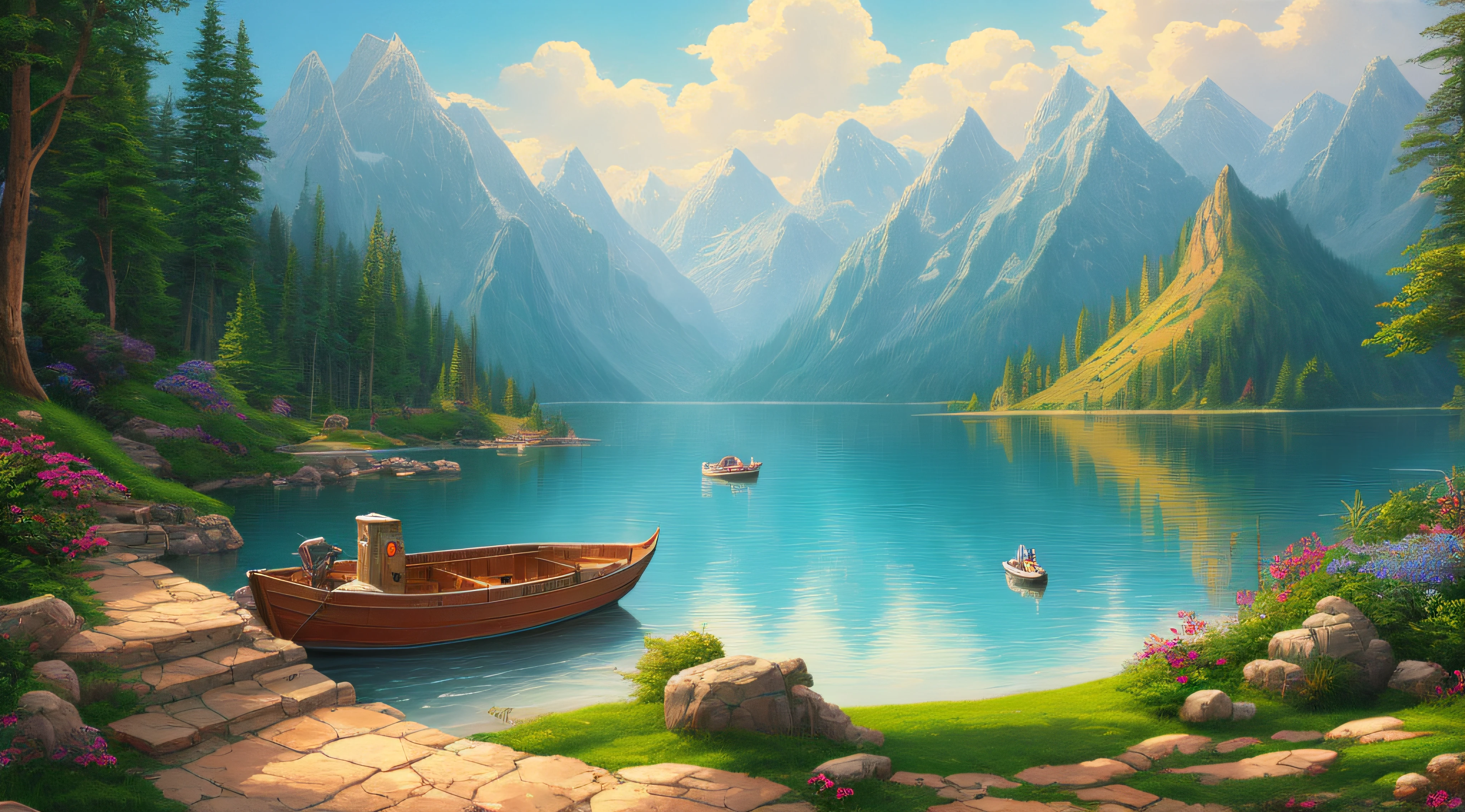 cuadro de un paisaje de montaña con un lago y un barco, ilustración pintura mate,  inspirado en Thomas Kinkade, pintura mate simétrica, paisaje detallado , estilo crudo, 8k ultra detallado