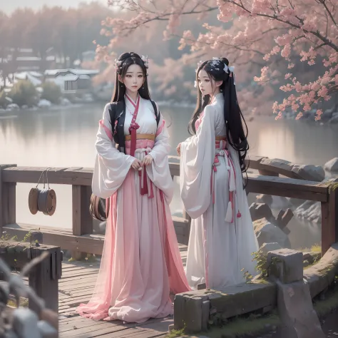 in the winter, on the small bridge stood a hanfu sister，grown woman，perfect bodies，1 woman，long hair and waist，the head is tied ...