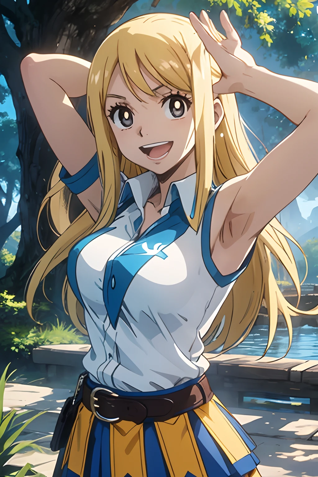 masterpiece, best quality, high-resolution, lucy heartfilia, blonde hair, long hair, brown eyes, black pupils, large breasts, white shirt, sleeveless, belt, blue skirt, cowboy shot, standing, looking at viewer, outdoors, waving, smile, open mouth,