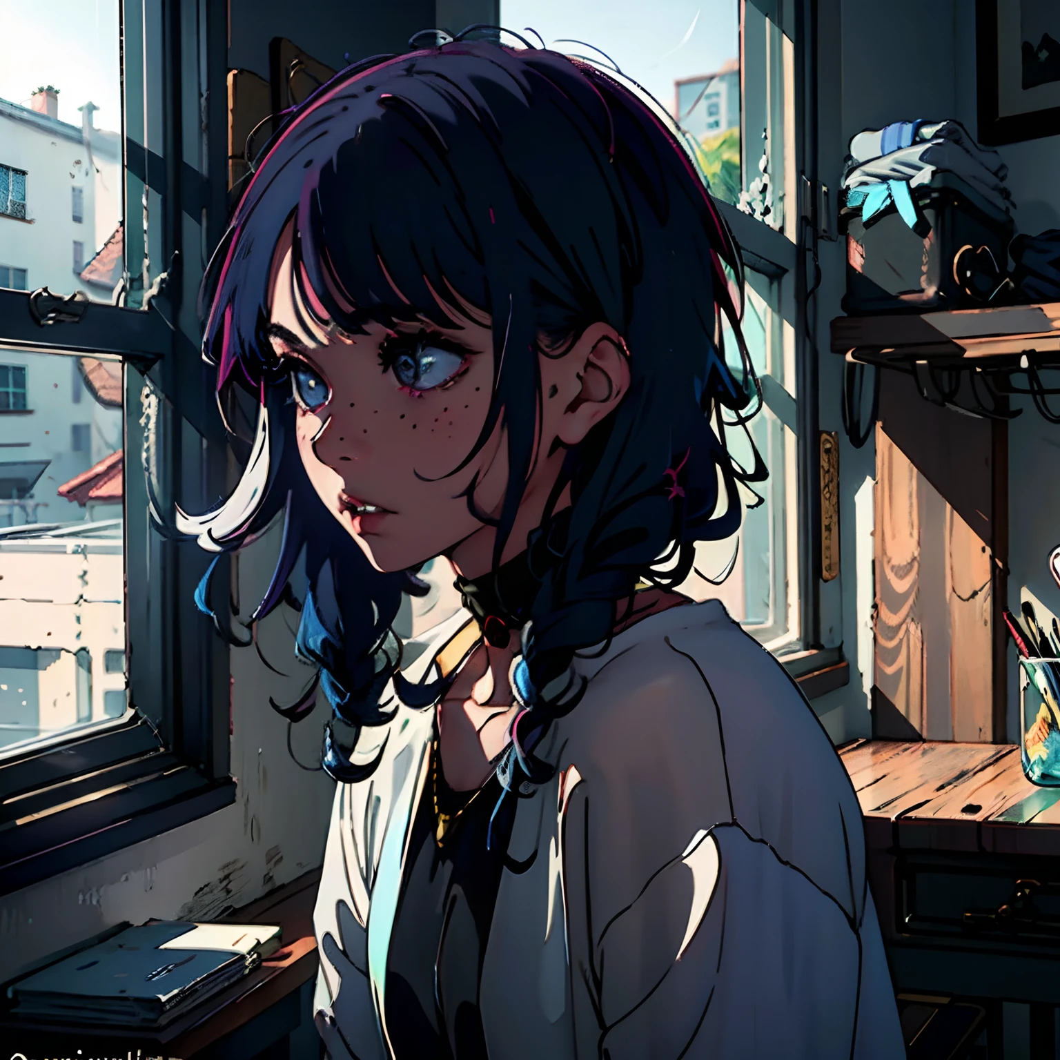 masterpiece, best quality,3d rending work ,3DMM style,close-up,portrait, 3D,1girl, solo, multicolored hair, blue hair, black hair, necklace, freckles, jewelry, two-tone hair, looking to the side, realistic, upper body, simple background, bangs, looking away, short hair, parted lips, black eyes, lips, gothic, choker, makeup, mole, black shirt, shirt, watermark