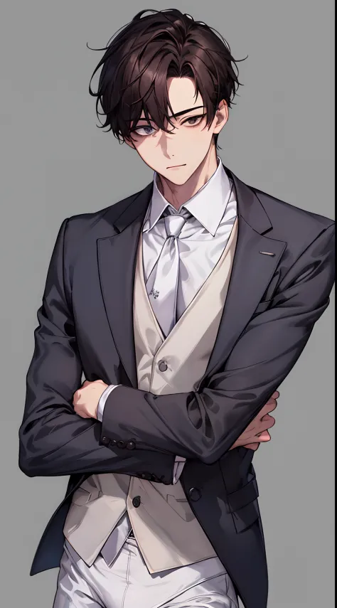 1boy, Face Focus, Adults, Business suits, jaket, white  shirt, neck tie, underpants, top-quality, adopt, A detailed face, simple background、white backgrounid、Dark hair、The upper part of the body