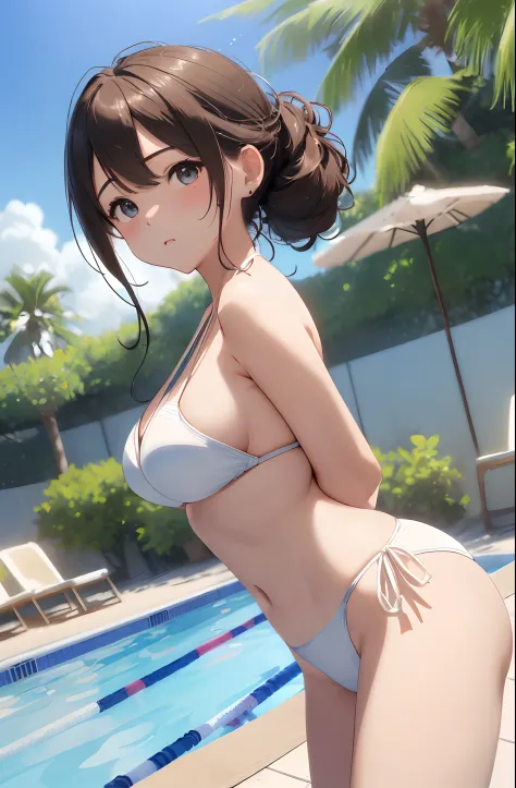 top-quality、​masterpiece、(1 adult female:1.3)、(Soft bust:1.2)、Natural Big、Chest thrusting pose、A slender、(Sheer simple white bikini swimsuit)、(thighs thighs thighs thighs:0.8)、Brown hair、Hair fluttering in the wind、(Hair is tied back)、(Highlights in the ey...