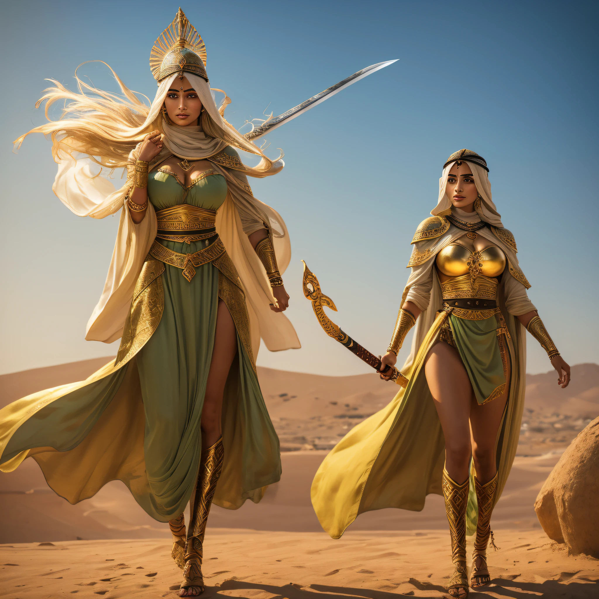 ( obra-prima ), ( UHD ), ( perfect  lighting ), ( Construction of the body of delicate character ), ( Simetria do rosto da personagem perfeitos ), ( 8k ), A beautiful Arab warrior with an Arab sword, cabelo liso, olhos verdes, Arabic warrior costume, ( Hair dripping there wind ), golden tunic, ( fluttering tunic), Arab scenery at dusk.