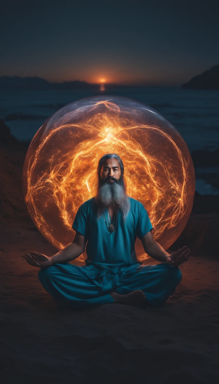 35 year old middle aged asian man，Long whit hair，long beard，Holding a glowing sphere in both hands，staring directly at camera，Cross-legged meditate, at centre，Clear facial features，Very bright colors, light Particle, with light glowing, Mushiv, Wallpaper Art, UHD Wallpapers