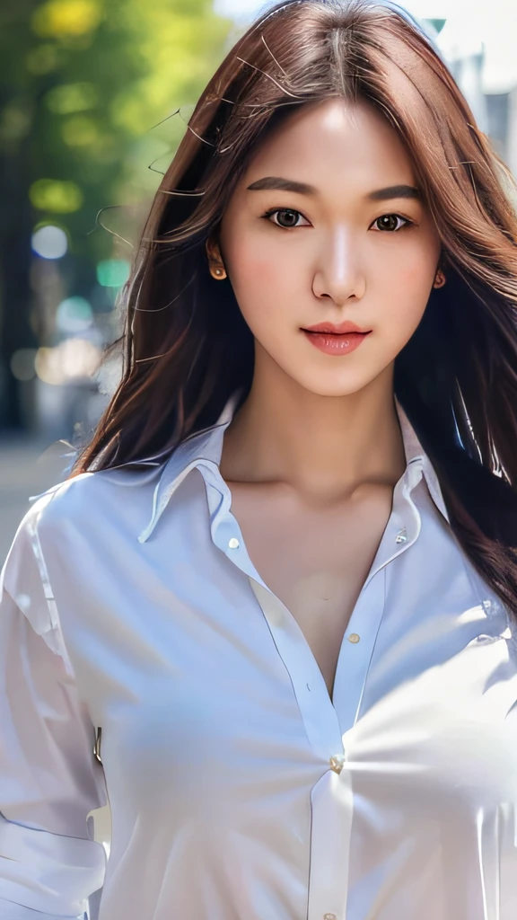 ((Best quality, 8k, Masterpiece :1.3)), Sharp focus :1.2, A pretty woman with perfect figure :1.4, Slender abs :1.2, ((Dark brown hair, Big breasts :1.2)), (White button up long shirt :1.1), City street:1.2, Highly detailed face and skin texture, Detailed eyes, Double eyelid