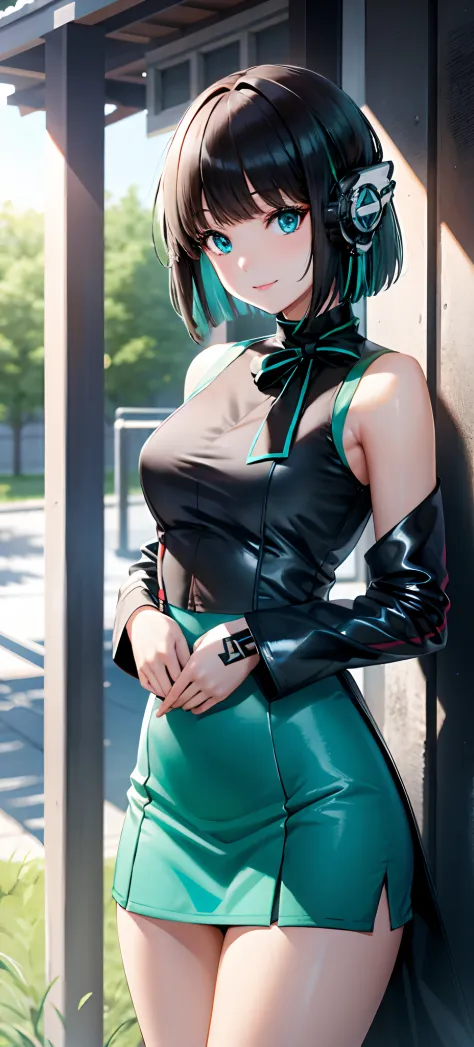 (extremely detailed cg), (best quality), 1girl,solo perfect face,  shiny skin, lustrous skin,, heroineizu , green hair,black, sl...