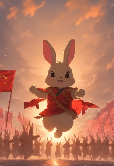 in the early morning，sunraise，Tiananmen，Raise the flag，anthropomorphic rabbit