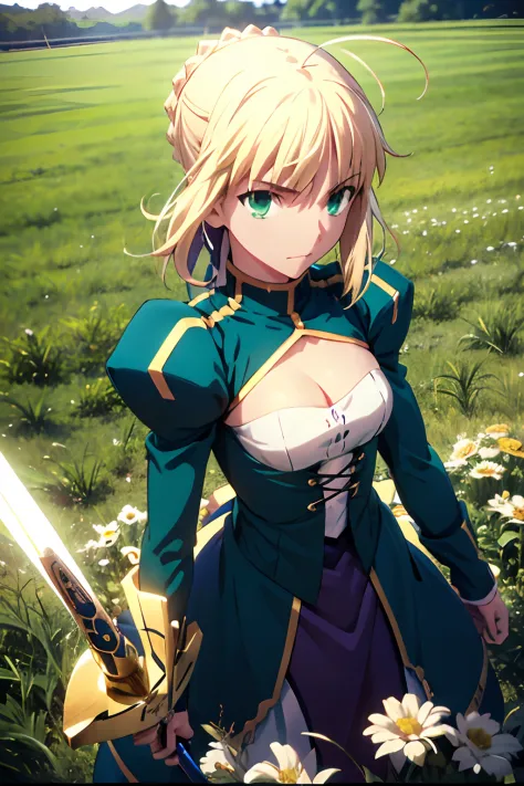 masterpiece, best quality, highres, bbsaber, green eyes, ahoge, field, standing, sword, excalibur \(fate/stay night\), outdoors, cleavage
