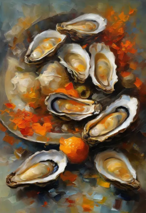 "(best quality, high resolution:1.2), (realistic:1.37), oysters, caviar, black truffle, kumquat, salmon roe, impeccable seafood, delicate texture, vibrant colors, exquisite ambiance, Van Gogh, irony, intricate details, haunting, yet melancholic, distorted ...