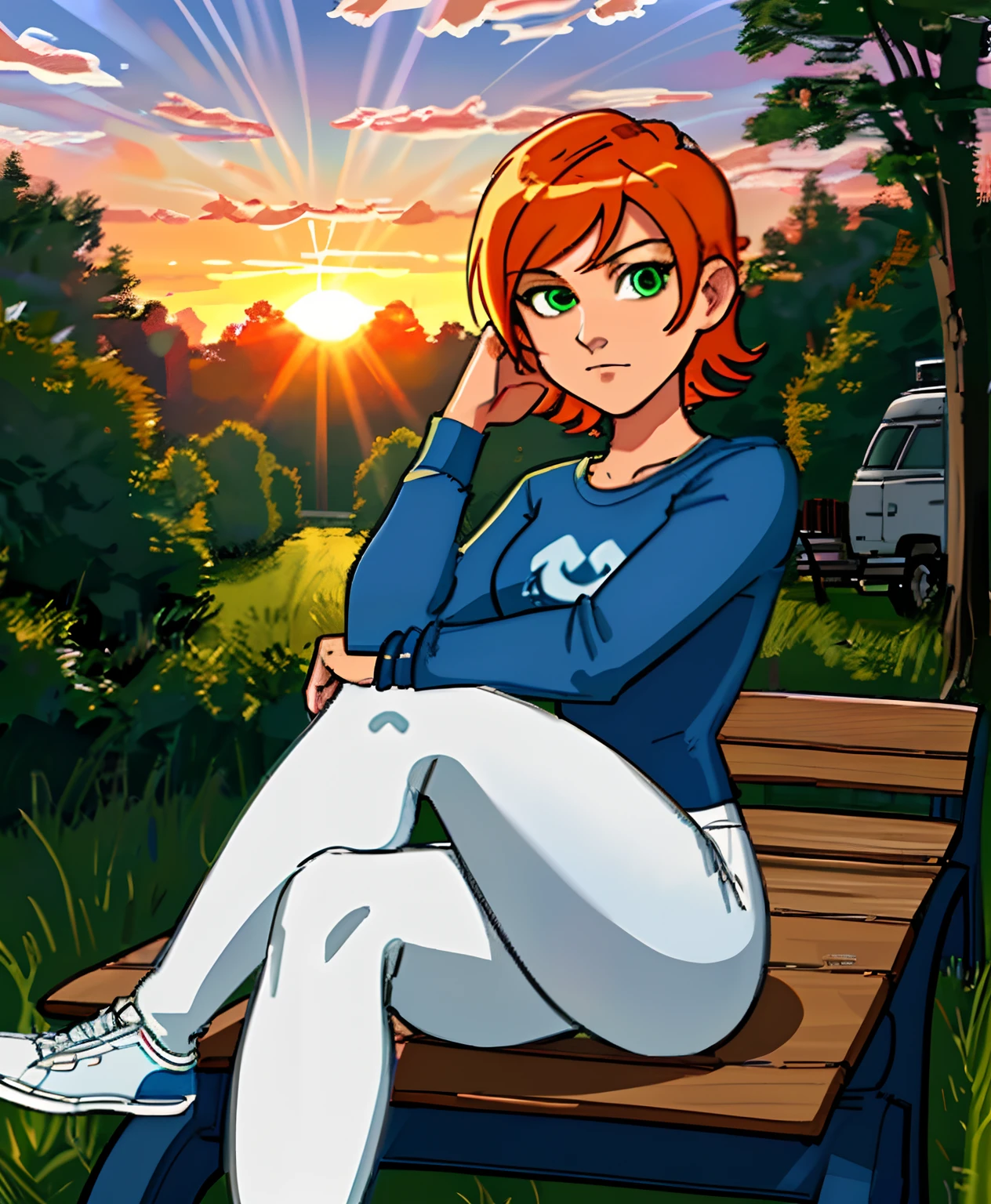 Anime girl sitting on a bench in the grass with the sun setting - SeaArt AI