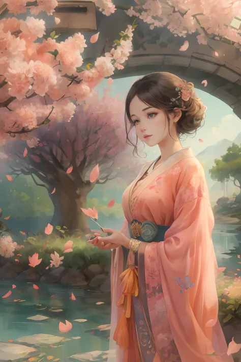 A girl standing in a beautiful garden, Surrounded by vibrant peach blossoms and peach petals floating in the air. The scenery is...