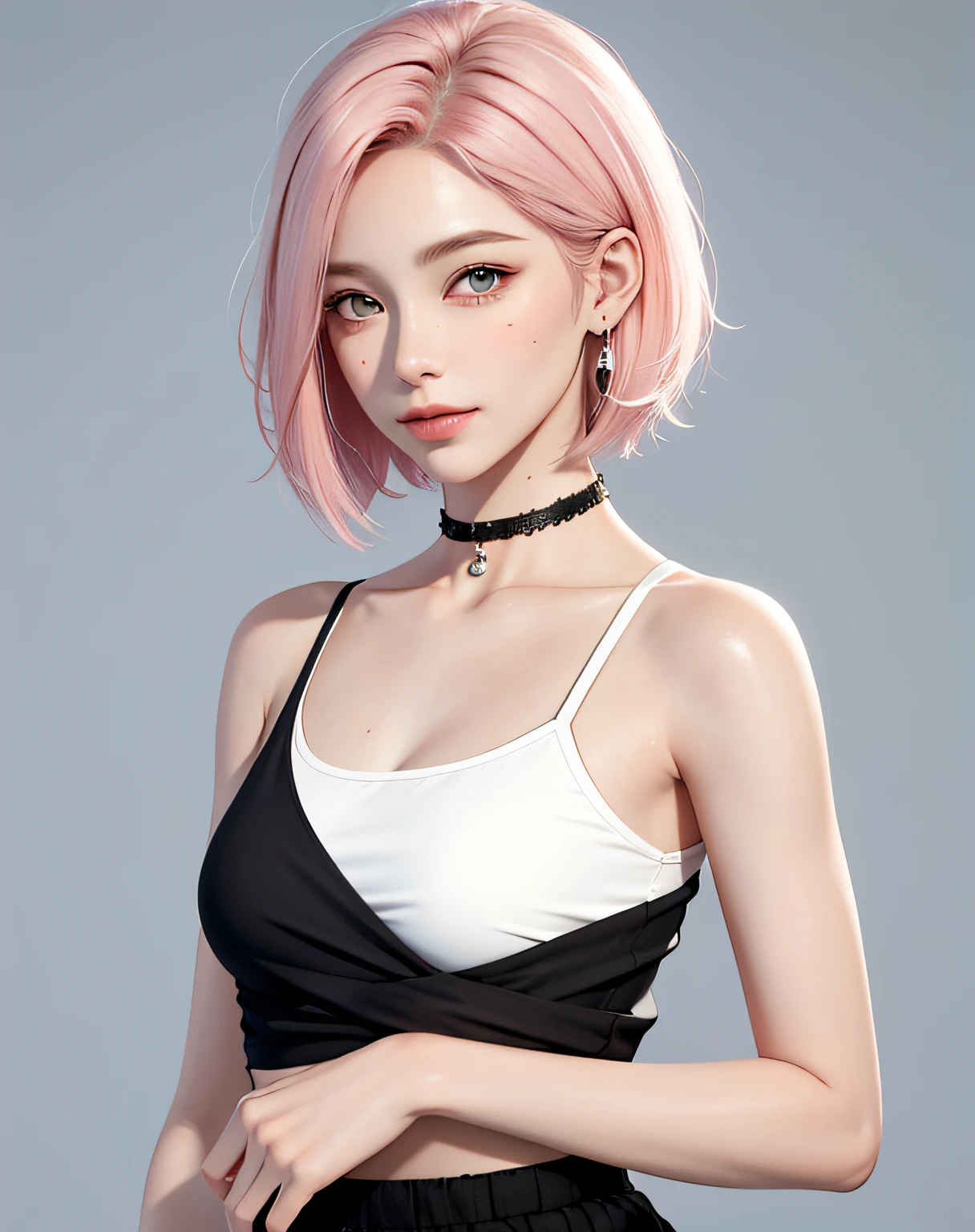 (Masterpiece, Best quality, 1girll, Solo, exquisitedetails, color difference), realisticlying, ((Medium breath)), short detailed hair, A pink-haired, Pink highlighted, Black eyes, 耳Nipple Ring, Sharp eyes，choker necklace，white apparel，conservative clothing，tee shirt，small boobs，White dress，a skirt（symetrical eyes），（Perfectly symmetrical body），frontage，The upper part of the body，Do not cover your head，with fair skin，A good-looking girl，Model the face，Real Human，Realistic effects，3D modeling，solo person，Face the camera head-on，ssmile，frontage，simple hairstyle，short detailed hair，No ornaments，Simple