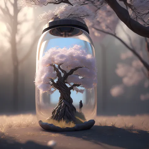 Fantastic art tree in a bottle，fluffly，realisticlying，photore，kanon，dream-like，Artistically，The cherry blossom tree of Chuanghui。 Ultra-detailed photorealism by Greg Rutkowski - H 1024 W 804 | f 1 6 lens mark 2:2 s 3555 mm film grains :1 Lifelike high-reso...