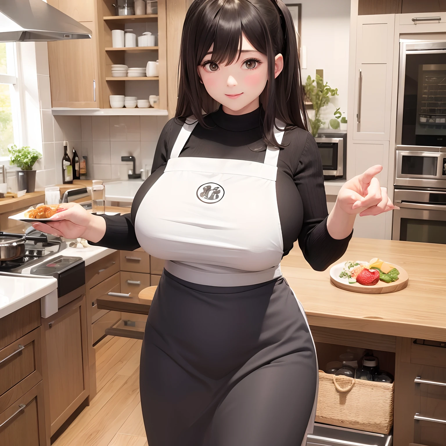 Anime character in a kitchen with a plate of food and a woman in an apron -  SeaArt AI