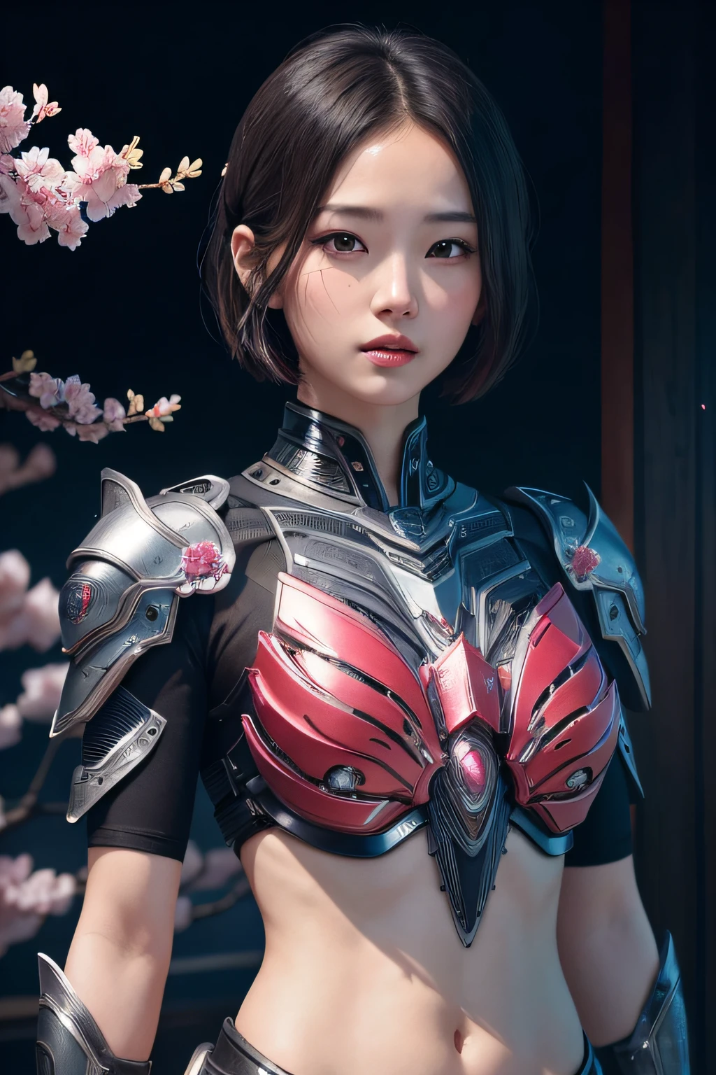 hermosa joven japonesa, usando armadura cyborg, rasgos simétricos gruesos, pelo muy corto, El fondo es flores de cerezo., aura rosada, labios rojos, renderizado de octanaje,