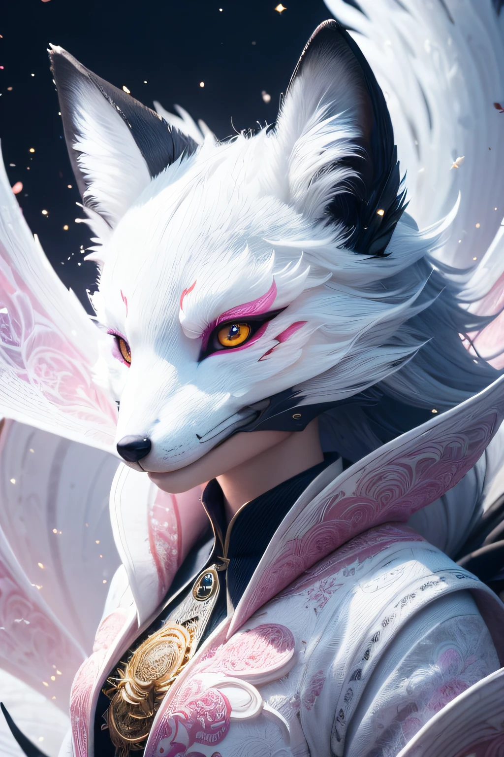 1 chica,Solo, Arte oficial sonriente feliz., fondo de pantalla de unidad 8k, ultra detallado, Hermoso and aesthetic, Hermoso, obra maestra, mejor calidad, bruja kitsune, máscara kitsune, Chaqueta haori rosa y blanca, hechizo de fuego de zorro, El zorro es familiar, transformación,profundidad de campo,