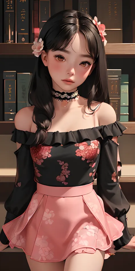 (top-quality、​masterpiece), 1girl in, intricate detailes, off shoulders, skirt by the, a choker, frilld, see -through, look at viewr, red blush, The upper part of the body, blurry backround, with floral pattern, Contrapo、atlibrary、big breast beauty、a minis...
