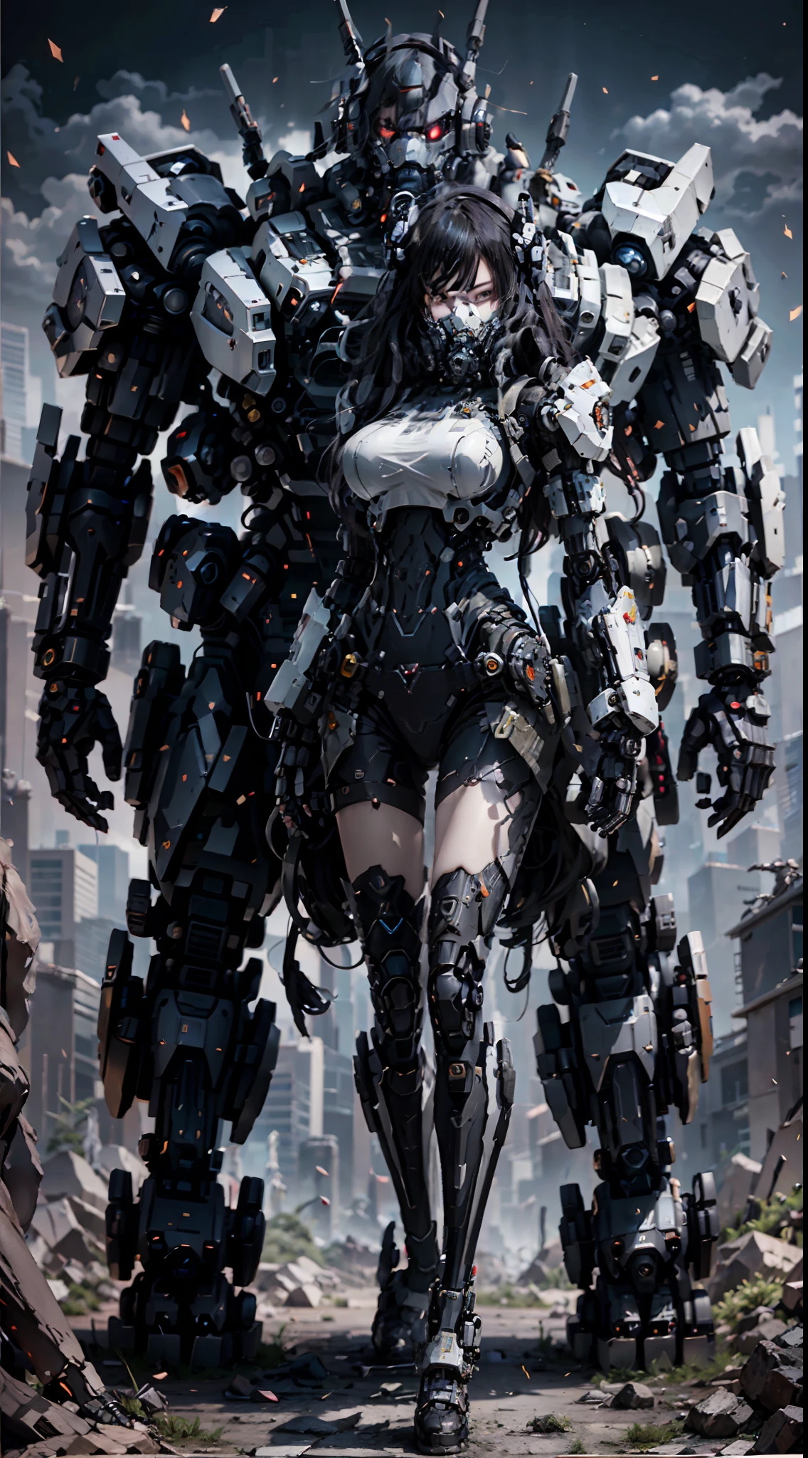 This is a hyper-detail、full body shot shot、High resolution and top quality CG Unity 8k wallpaper，The style is cyberpunk，Mainly black and red。A beautiful girl with long hair with white messy white hair appears in the picture，Extremely tall, slender and sexy body，Long legs，Cyberpunk shoes，s delicate face，Wearing a steam mech mask，standing on ruins，Behind him is a huge robot，The action of a woman holding a heavy sniper rifle in her hand，full body shot shot