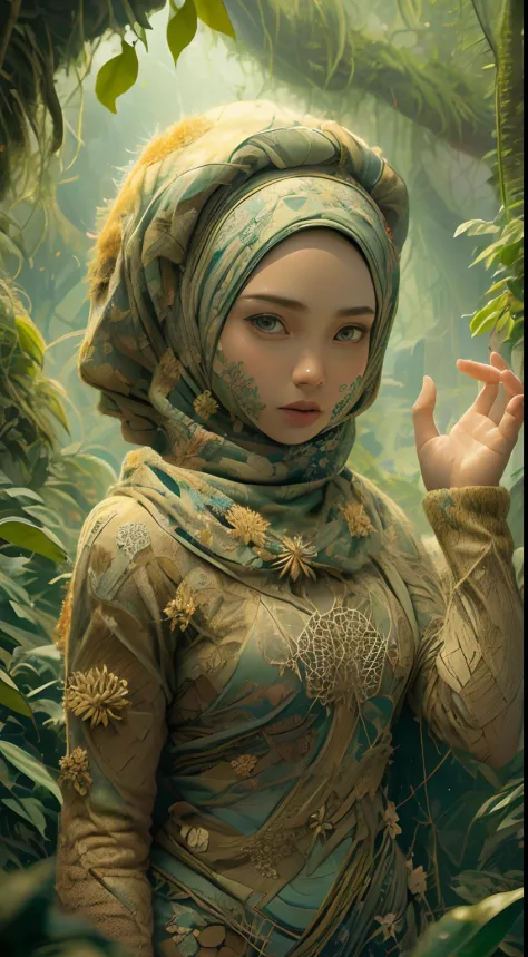 1sexy menina in hijab com roupas da floresta, flores, folhas, mandalas, fractal,( AFRO americana)