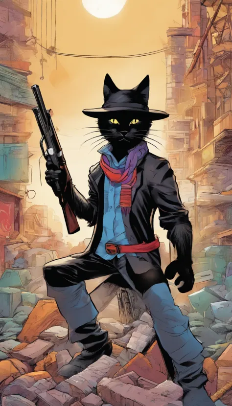 Image of a black cat in a hat and scarf, holding a shotgun in his paws，Trends in Art Station，Wear punk clothes，Ultra-realistic detailed rendering，urban style，intimidating pose，planet of cats，Fashionable outfit，urbansamurai，cat，Wearing a work hat，Moving bri...