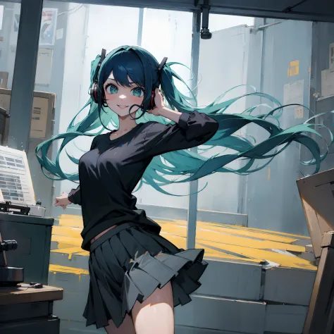 ((masterpiece,best quality))1girl, solo, black skirt, blue eyes,, headphones, long hair, , music, one side up, teal hair, twin t...