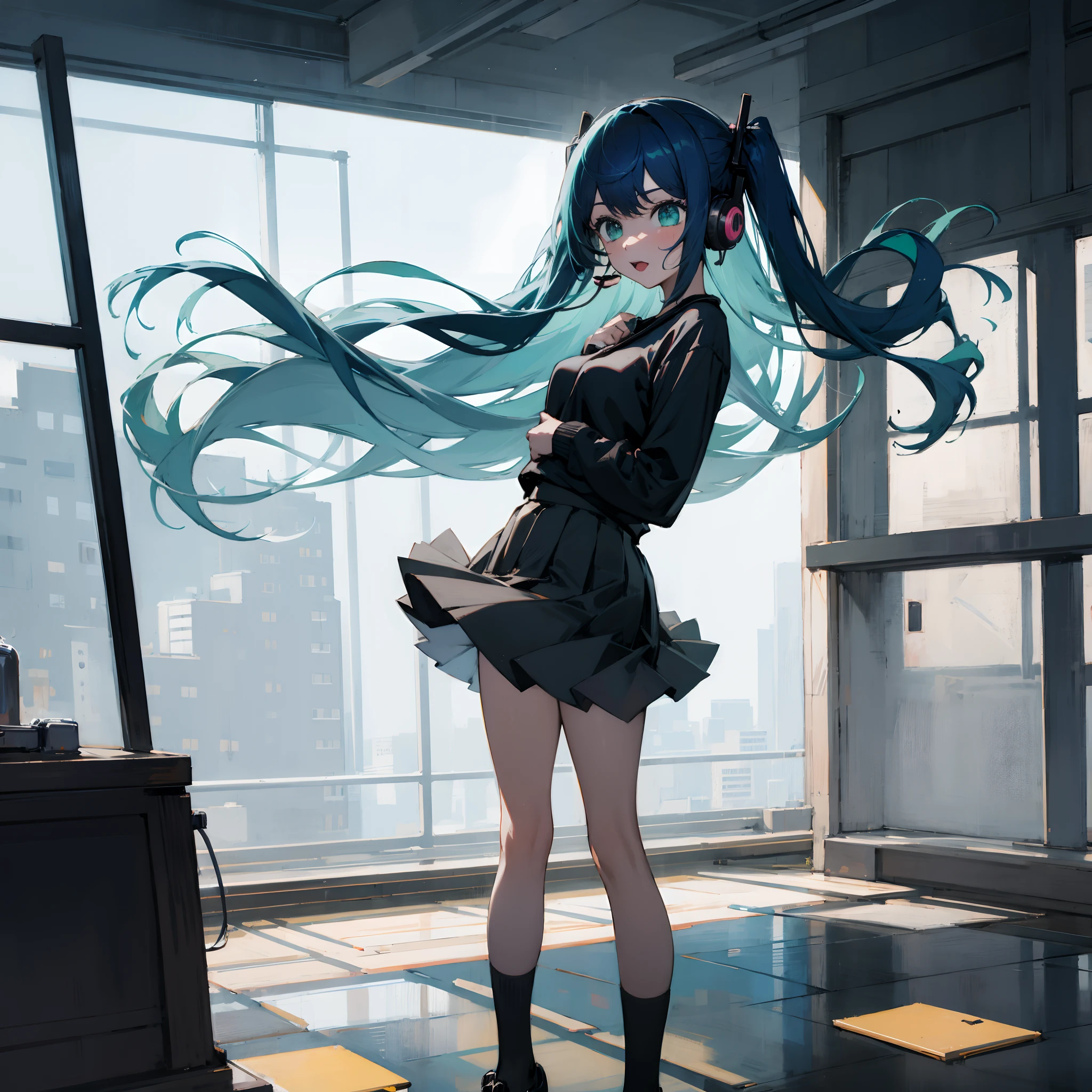 ((masterpiece,best quality))1girl, solo, black skirt, blue eyes,, headphones, long hair, , music, one side up, teal hair, twin tails, pleated skirt, black shirt, indoors