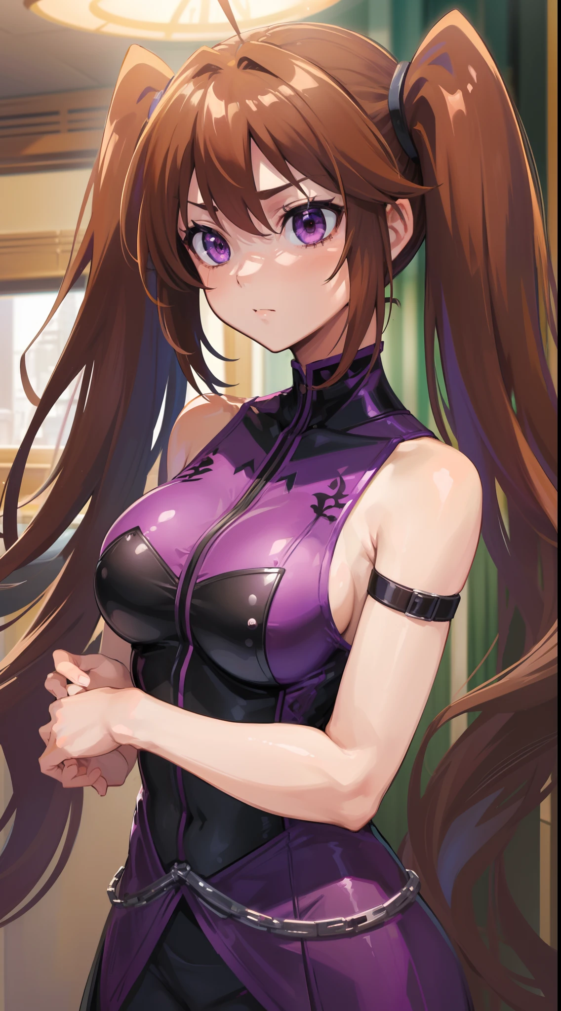 (best quality, master-piece:1.2), long brown hair, purple eyes, (ultra-detailed eyes), twintails, beautiful, Shidou Irina, medium breasts,, standing, (upper body), (indoors), bdsm, dominant, evil, (((elegant clothes))), close-up, perfect anatomy, (sleeveless), healthy skin.