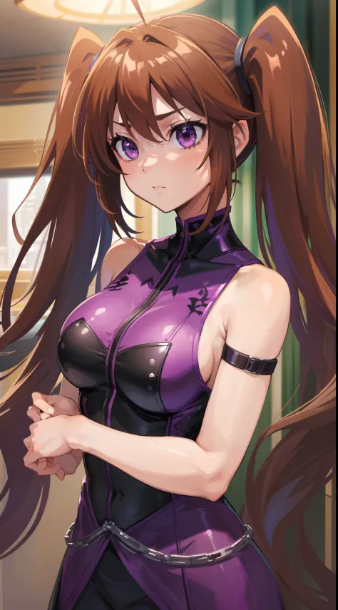 (best quality, master-piece:1.2), long brown hair, purple eyes, (ultra-detailed eyes), twintails, beautiful, shidou irina, mediu...