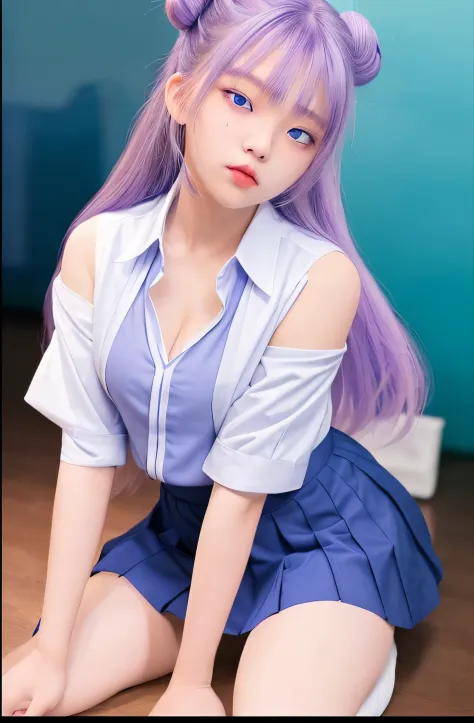 asian teen girl, purple hair 2 buns, blue uniform skirt, white shirt, Blue eyes