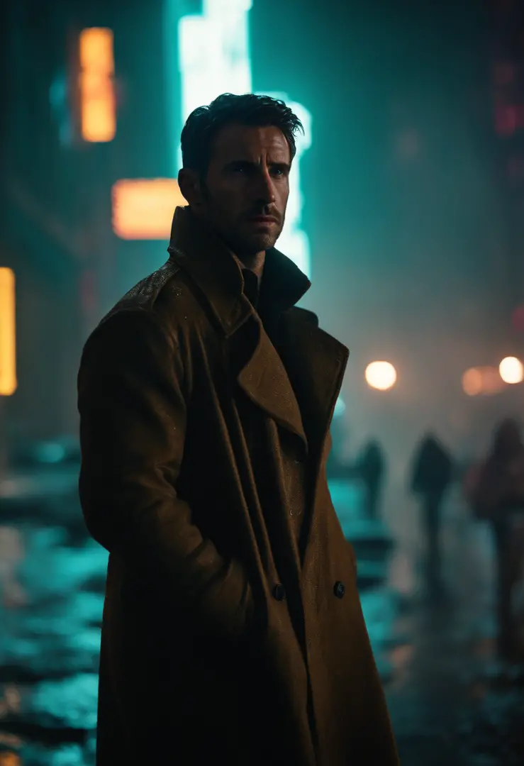 "Joe, the enigmatic protagonist of Blade Runner 2049, finds himself standing at the edge of a bustling metropolis. As he gazes up at the neon-lit cityscape above a stormy, smog-filled sky, sadness, raining, gazing upwards. neon lights, close up, wet, Joe t...