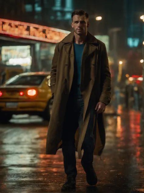 "Joe, the enigmatic protagonist of Blade Runner 2049, finds himself standing at the edge of a bustling metropolis. As he gazes into the neon-lit cityscape beneath a stormy, smog-filled sky, sadness, raining, gazing upwards. neon lights, close up, wet, Joe ...