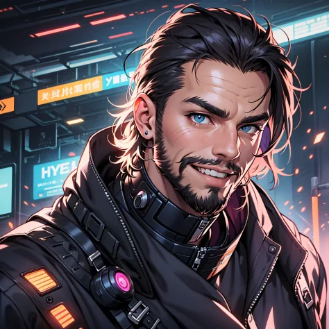 National style elements，30 age old，Handsome men，Have a beard，Front lens，Career is game streamer，Smile at the camera，Self-confident，Best light and shadow，cyber punk perssonage，tmasterpiece，hyper HD