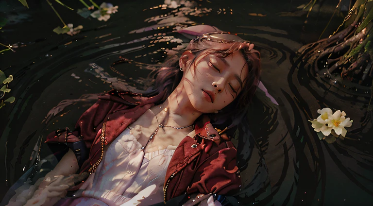(masterpiece, best quality)
AerithFF7, 1girl, closed eyes, red jacket, pink hair ribbon, ponytail, braid, flower, short sleeves, choker, necklace, open jacket, white flower, long light pink dress, (floating in water), (hands on belly), (in the middle of a lake, surrounded by tall tree, blue color tone), full body