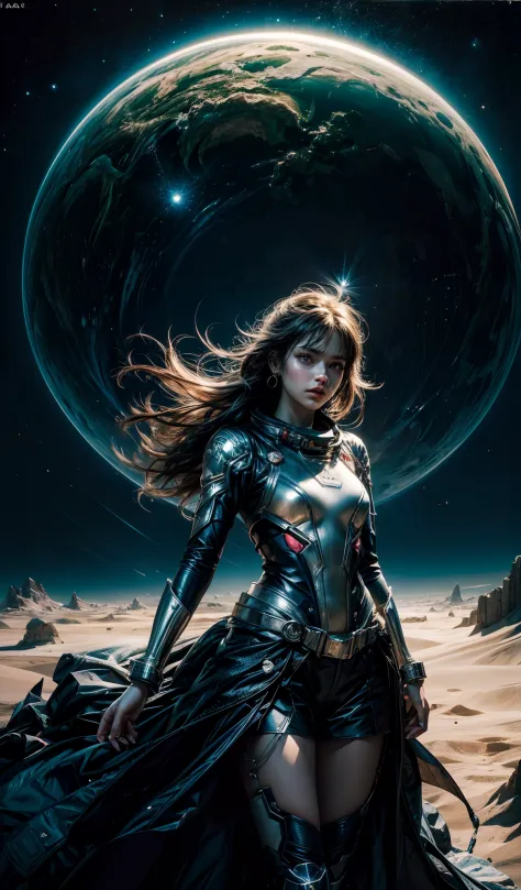 " corpo inteiro, tiro no meio, Centrado, arte conceitual, 1girl, vestindo traje de astronauta, obra-prima premiada, Rendered in anime style with an oil painting effect. (The vibrant illustration captures horror in a cosmic atmosphere. The wide photo of the...