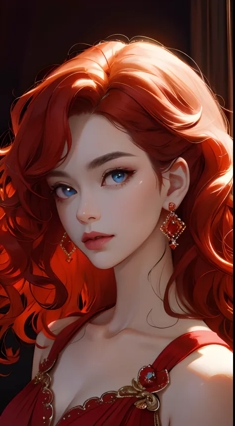 one-girl，Vivid eyes，golden hair，Wavy curly hair，Red pop dress，Red earrings，beautiful hair ornaments，𝓡𝓸𝓶𝓪𝓷𝓽𝓲𝓬，ellegance，年轻，Pop，Hyper-Resolution，accuracy，detail render，（Delicate facial portrayal）（Fine hair portrayal）（highest  quality）（Master masterpieces）（Hi...