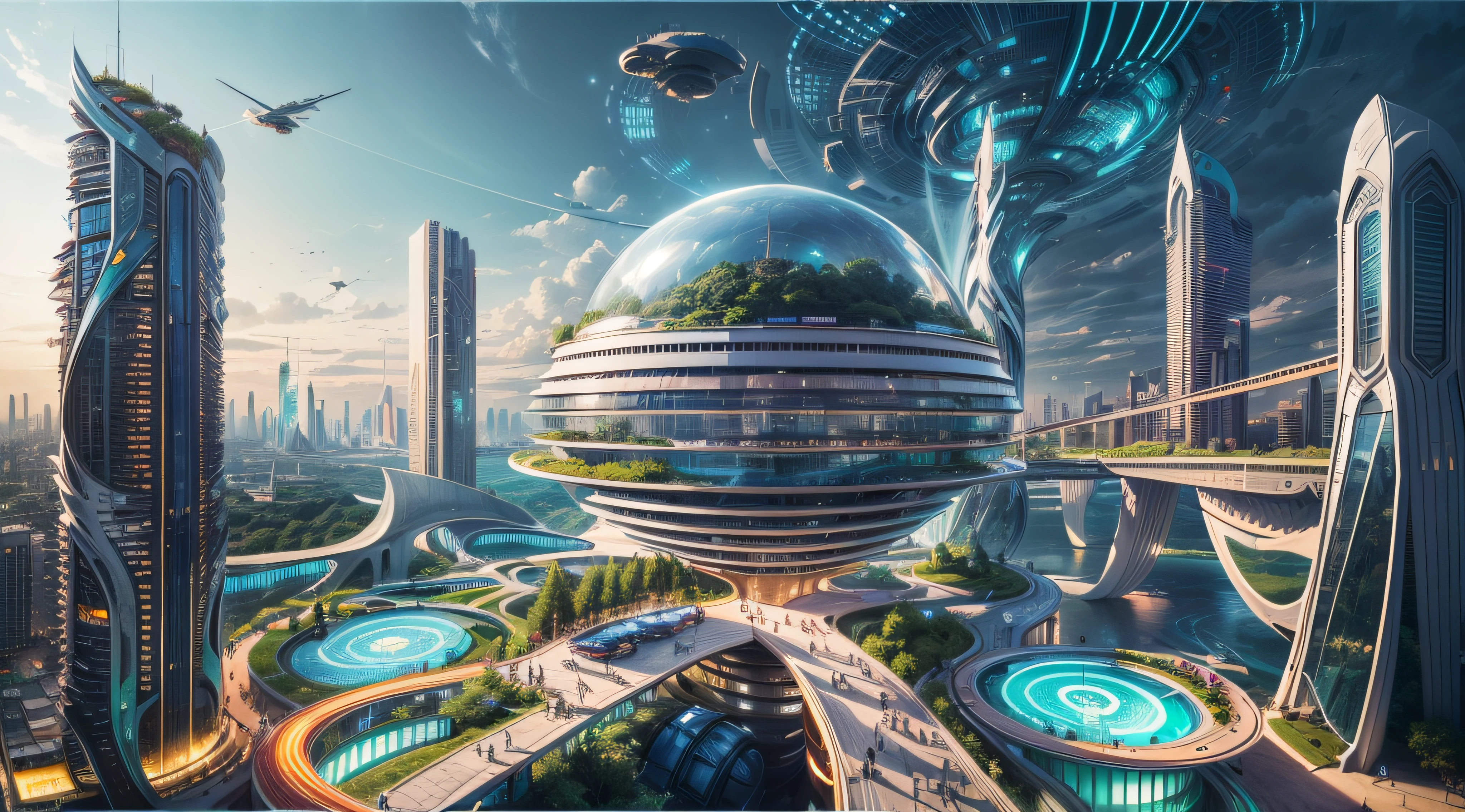 (最高品質,4K,8k,高解像度,傑作:1.2),超詳細,(現実的,写実的な,写真のようにリアル:1.37),未来的な水上都市,未来の技術,巨大な都市型ハイテクタブレットプラットフォーム,飛行船,空に浮かぶ,未来都市,小さな飛行船が周囲に,ハイテク半球形プラットフォーム,カラフルなライト,高度なアーキテクチャ,モダン建築,超高層ビル,クラウドにアクセスする,美しい景色,街の眺め,印象的なデザイン,自然とシームレスに融合,活気に満ちた活気のある雰囲気,未来の交通システム,吊り下げ式駐車場,透明なパス,豊かな緑,スカイガーデン,滝,壮大なスカイライン,水面に映る,輝く川,建築の革新,未来的な高層ビル,透明ドーム,建物の形状が珍しい,高架歩道,印象的なスカイライン,光るライト,未来の技術,ミニマリストデザイン,景勝地,全景,雲を貫く塔,鮮やかな色彩,壮大な日の出,壮大な夕日,まばゆい光のディスプレイ,魔法のような雰囲気,未来都市,都会のユートピア,ラグジュアリーライフスタイル,革新的なエネルギー,持続可能な発展,スマートシティテクノロジー,高度なインフラストラクチャ,静かな雰囲気,自然とテクノロジーは調和して共存する,素晴らしい街並み,前例のない都市計画,建築は自然とシームレスにつながる,ハイテク都市,最先端のエンジニアリングの驚異,都市生活の未来,先見性のある建築コンセプト,エネルギー効率の高い建物,環境との調和,雲の上に浮かぶ街,ユートピアの夢が現実になる,可能性は無限大,最先端の交通ネットワーク,グリーンエネルギーの統合,革新的な素材,印象的なホログラフィックディスプレイ,高度な通信システム,息を呑むような空中からの眺め,静かで平和な環境,モダニズムの美学,天上の美しさ