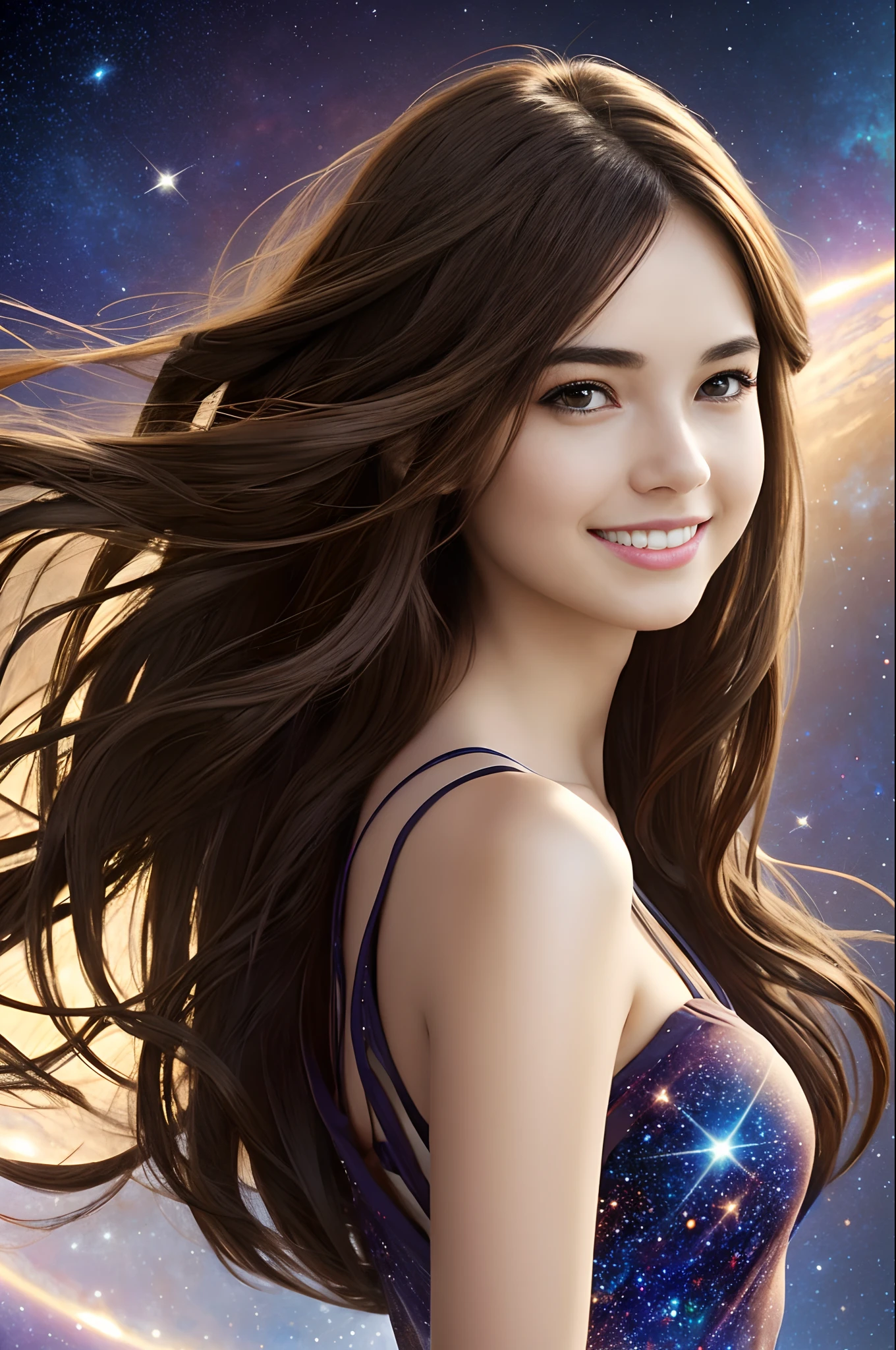1girl,solo,long hair,brown hair,looking at viewer,realistic,brown eyes,dress,bare shoulders,upper body,lips,parted lips,breasts,masterpiece,best quality,high quality,face focus,fashion photography, happy smile, galaxy, stars, astropunk, film star, fractal art, cosmic dress