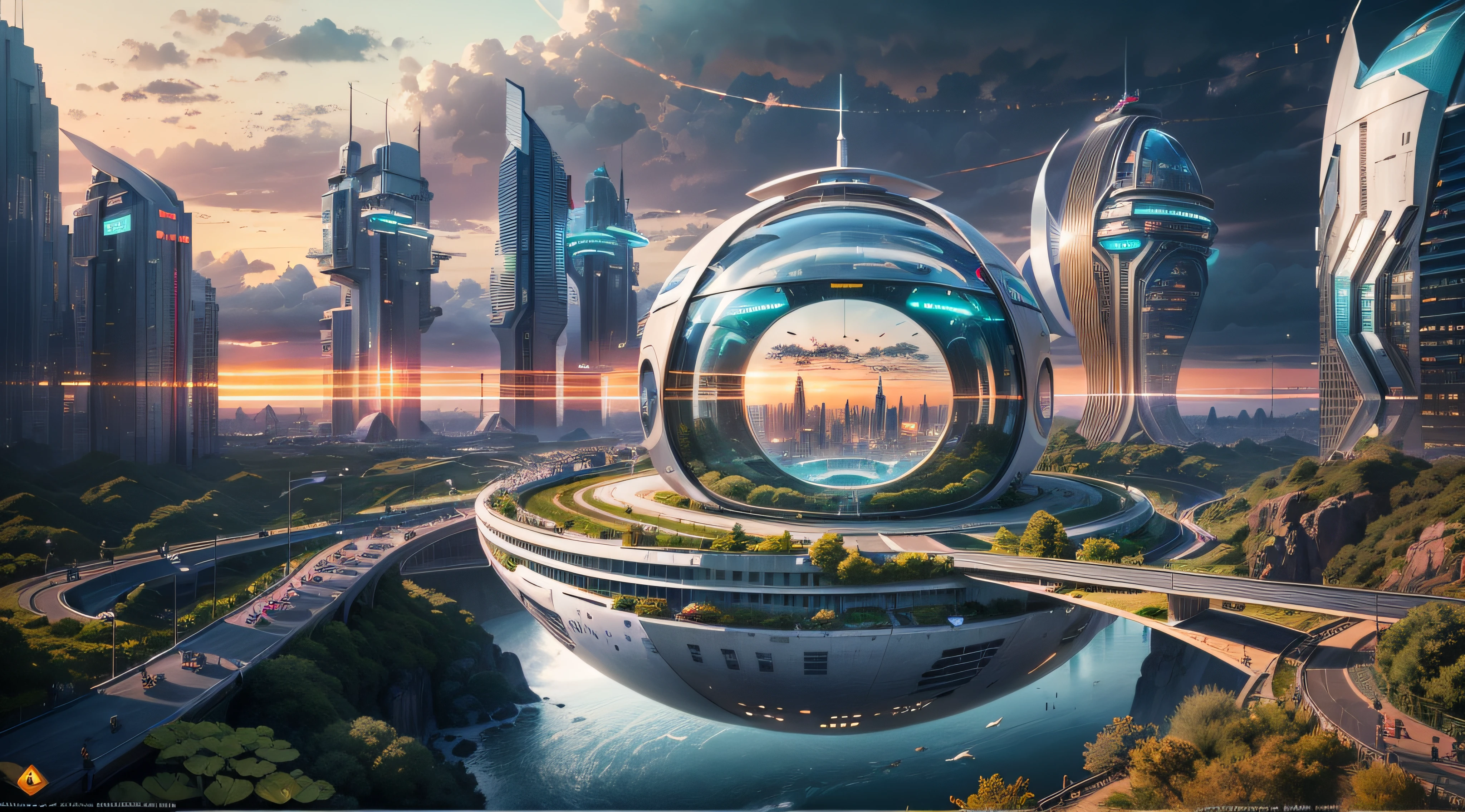 (Best quality,4K,8K,A high resolution,Masterpiece:1.2),Ultra-detailed,(Realistic,Photorealistic,photo-realistic:1.37),Futuristic floating city,Futuristic technology,Huge urban high-tech tablet platform,Airship,Floating in the sky,Futuristic city,Small airships around,High-tech hemispherical platform,Colorful lights,Advanced architecture,modernn architecture,skyscrapper,Access the cloud,Scenic beauty,view over city,Impressive design,Blend seamlessly with nature,energetic and vibrant atmosphere,Futuristic transportation system,Hanging parking,Transparent path,Lush greenery,Sky gardens,cascading waterfalls,Magnificent skyline,reflections on the water,Sparkling river,Architectural innovation,futuristic skyscrapers,Transparent dome,The shape of the building is unusual,Elevated walkway,Impressive skyline,Glowing lights,Futuristic technology,Minimalist design,Scenic spots,Panoramic view,Cloud Piercing Tower,Vibrant colors,epic sunrise,epic sunset,Dazzling light display,magical ambiance,The future city,Urban Utopia,LuxuryLifestyle,Innovative energy,sustainable development,Smart city technology,Advanced infrastructure,Tranquil atmosphere,Nature and technology live in harmony,Awesome cityscape,Unprecedented urban planning,Architecture connects seamlessly with nature,High-tech metropolis,A cutting-edge engineering marvel,The future of urban living,Visionary architectural concept,Energy-efficient buildings,Harmony with the environment,A city floating above the clouds,Utopian dreams become reality,The possibilities are endless,State-of-the-art transportation network,Green energy integration,Innovative materials,Impressive holographic display,Advanced communication system,Breathtaking aerial view,Quiet and peaceful environment,Modernist aesthetics,Ethereal beauty