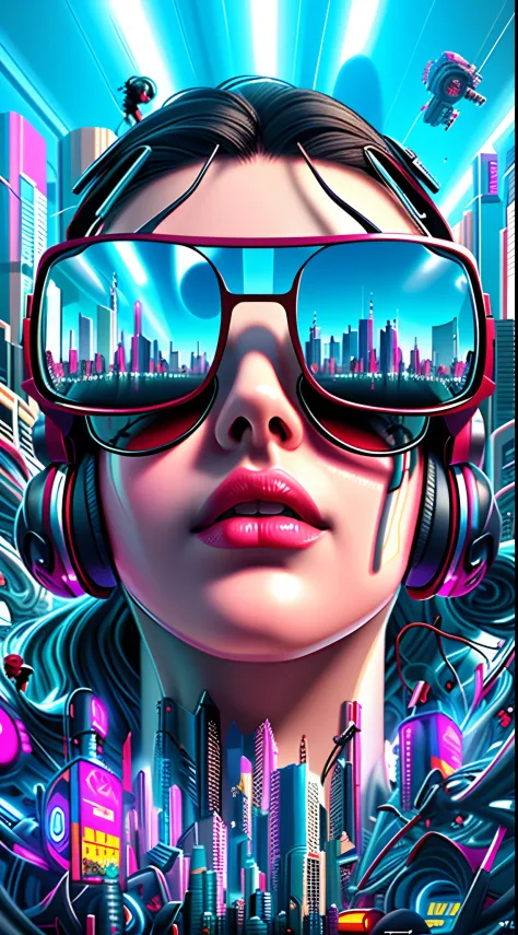 A woman with headphones and sunglasses in a futuristic city, Estilo de arte cyberpunk, Estilo de Arte futurista, cyberpunk vibes...