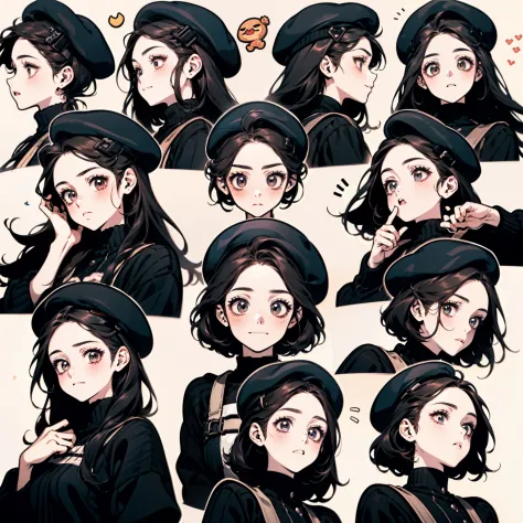 Cute girl avatar，Emoji pack，（beret），(9 emojis，emoji sheet of，Align arrangement)，9 poses and expressions（grieves，astonishment，having fun，exhilarated，big laughter，Angry，doubt，Touch your head，Sell moe, wait），Anthropomorphic style，Disney style，Black strokes，Di...