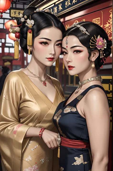 Two beautiful girls,leering:1.4, Lovers, lesbians,(in the railway station 1920's Shanghai,retro train background:1.6),(Geisha ha...