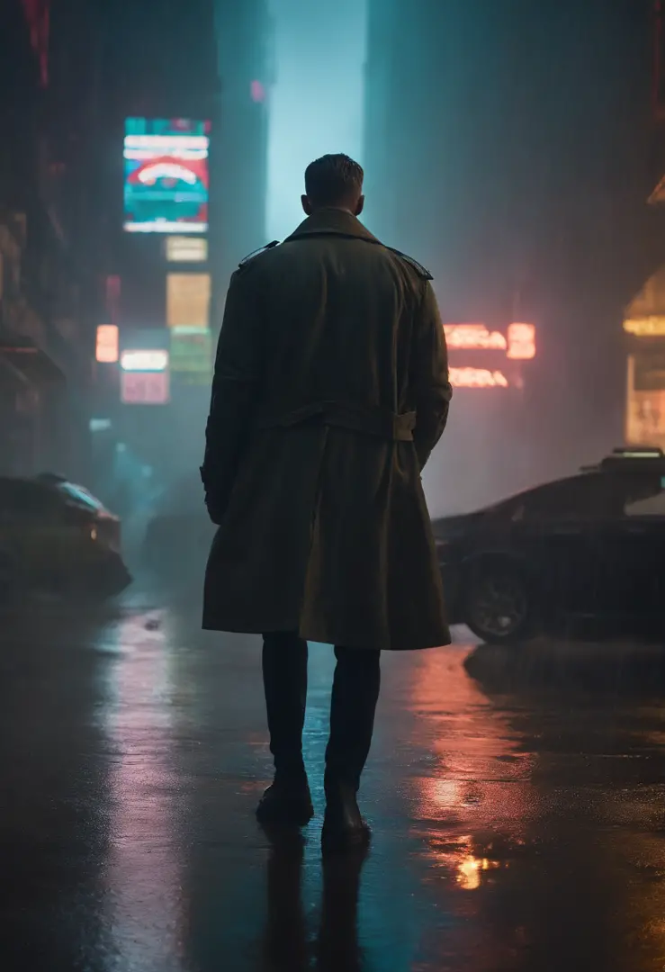 "Joe, the enigmatic protagonist of Blade Runner 2049, finds himself standing at the edge of a bustling metropolis. As he gazes up at the neon-lit cityscape above a stormy, smog-filled sky, sadness, raining, gazing upwards. neon lights, close up, wet, Joe t...